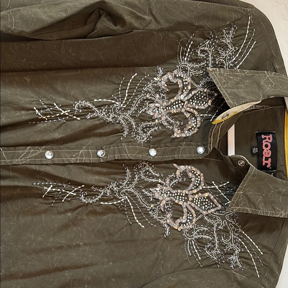 FINAL! Roar Rock n Roll Cowgirl Olive Green Embellished Snap Button Down Shirt - Picture 4 of 8